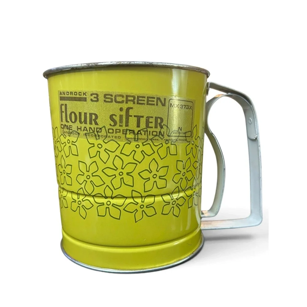 Vintage Androck 3-Screen Flour Sifter Retro Avocado Green Floral Daisy 1970s